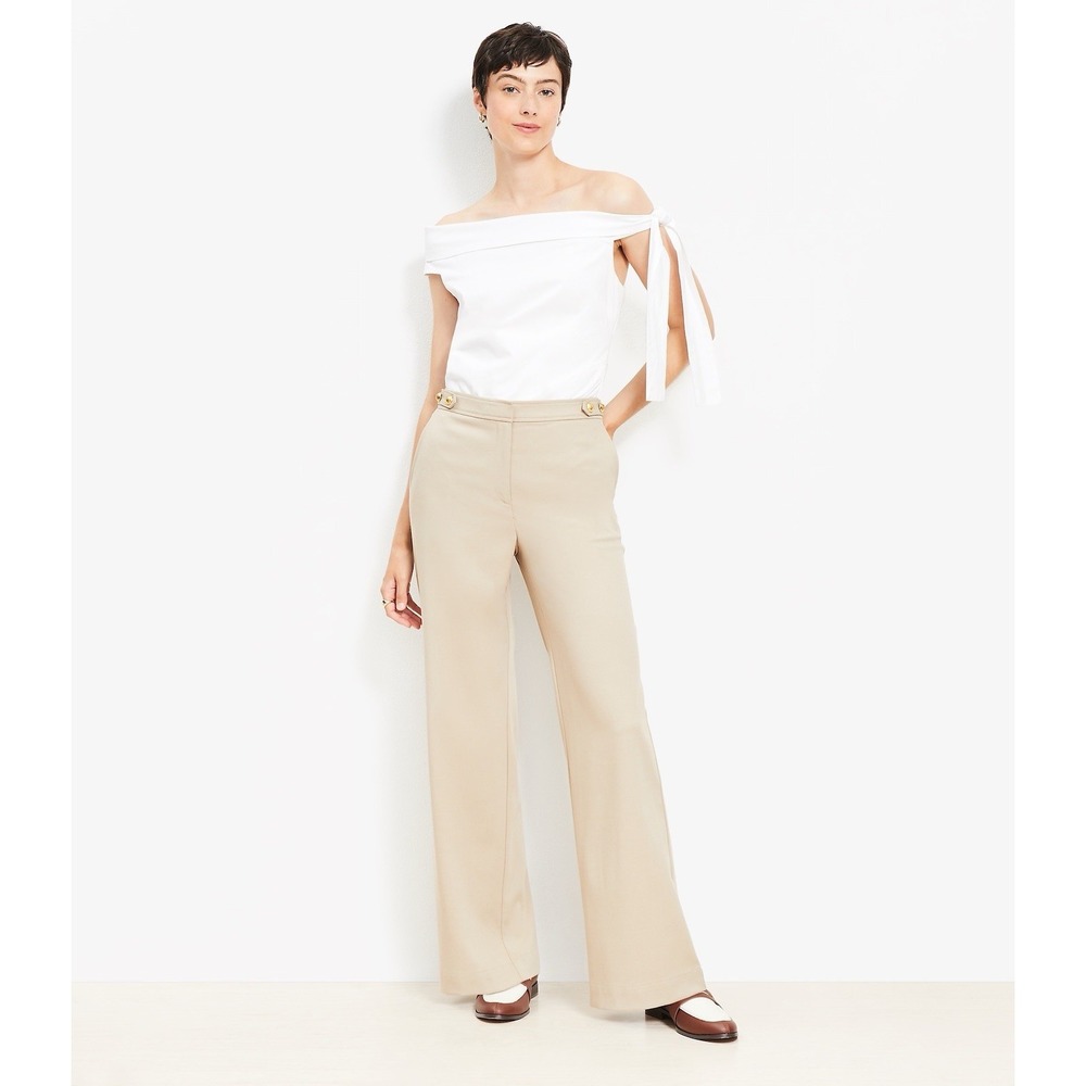 Loft Tab Waist Wide Leg Pants Petite 0 Beige Gold Buttons Pockets Flat Front NEW